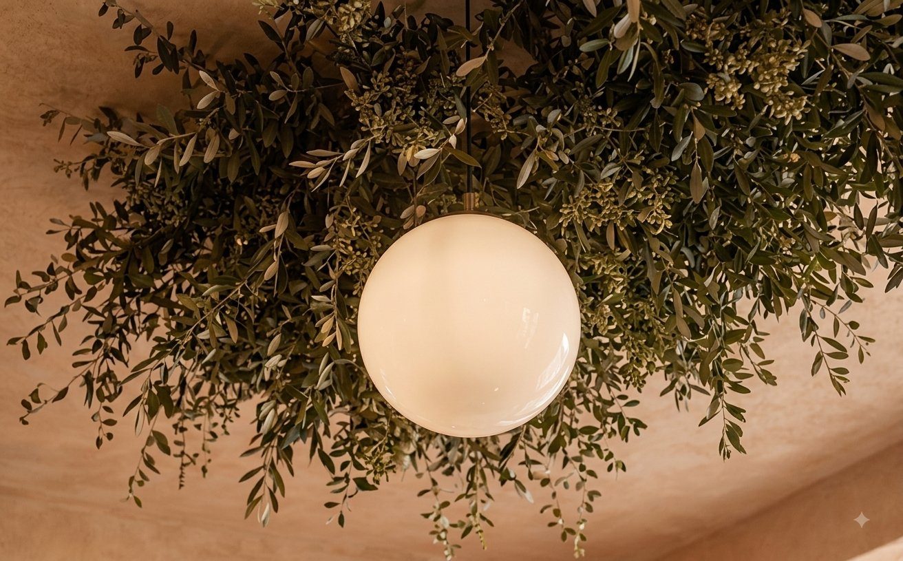 Globe lumineux et olivier suspendu